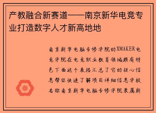 产教融合新赛道——南京新华电竞专业打造数字人才新高地地